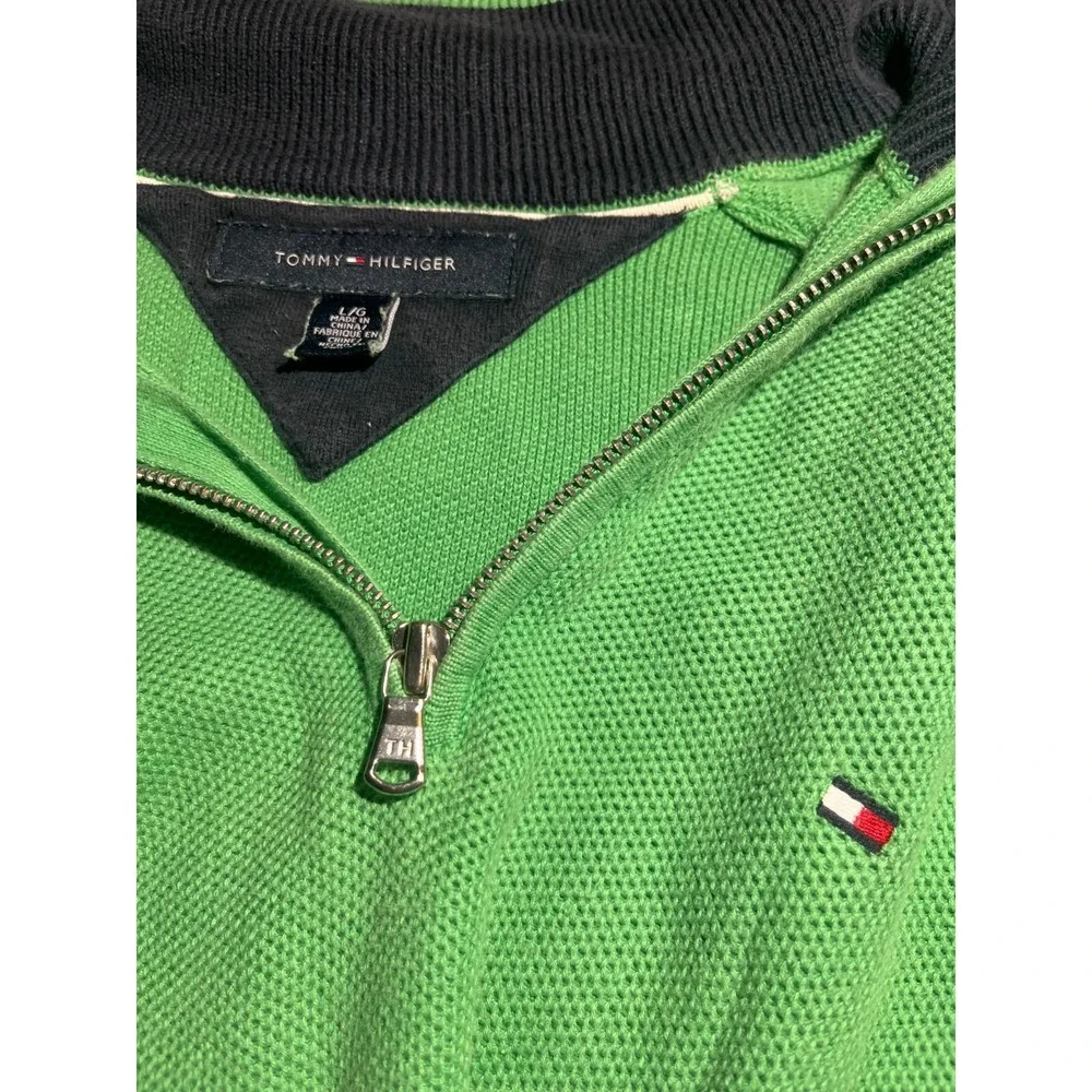 Tommy Hilfiger Mens SZ L 1/4 Zip Mock Neck Sweater Pullover Knit  Green Logo B9